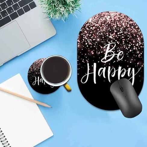 Personalized Gaming Mouse Pad and Coaster Combination, Rose Gold Glitter Black Be Happy Design Non-Slip Rubber Base Mouse Pad, Home Desk Decor, Custom Work and Gaming Mouse Pad in Saudi Arabia