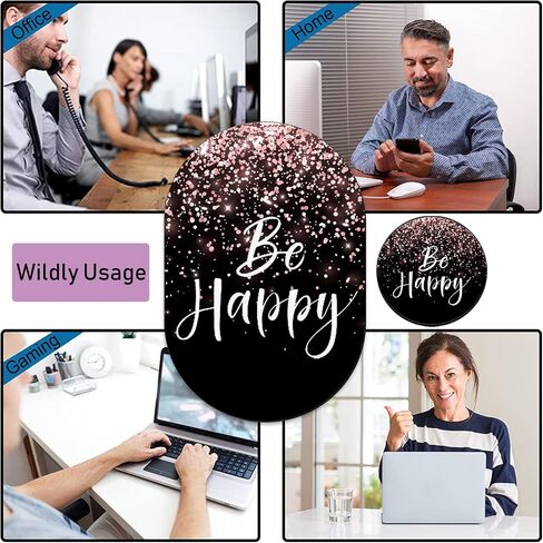 Personalized Gaming Mouse Pad and Coaster Combination, Rose Gold Glitter Black Be Happy Design Non-Slip Rubber Base Mouse Pad, Home Desk Decor, Custom Work and Gaming Mouse Pad in Saudi Arabia
