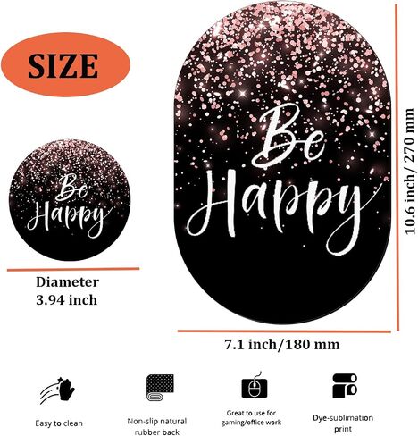 Personalized Gaming Mouse Pad and Coaster Combination, Rose Gold Glitter Black Be Happy Design Non-Slip Rubber Base Mouse Pad, Home Desk Decor, Custom Work and Gaming Mouse Pad in Saudi Arabia