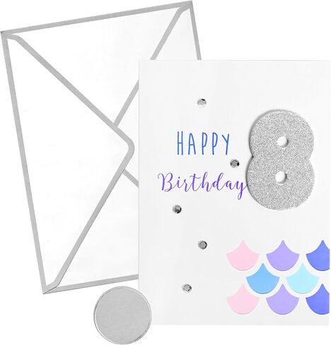 هدية GIGGLES بطاقة عيد الميلاد الثامن للفتاة | بطاقة حورية البحر للبنات - عيد ميلاد عمرها ثمان سنوات | حفيدة، ابنة أخت، ابنة، صديق | يأتي مع مغلف وختم متطابقين in Kuwait