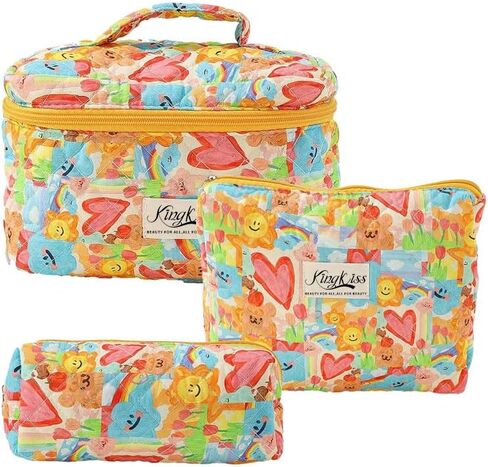 3PCS Quilted Floral Makeup Bag, Large Capacity Travel Cosmetic Bag, Cute Floral Makeup Bag Makeup Travel Organizer, for Women Girls (Pink) in Saudi Arabia