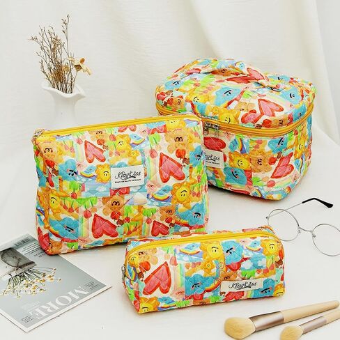 3PCS Quilted Floral Makeup Bag, Large Capacity Travel Cosmetic Bag, Cute Floral Makeup Bag Makeup Travel Organizer, for Women Girls (Pink) in Saudi Arabia