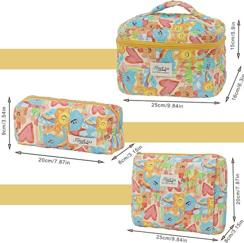 3PCS Quilted Floral Makeup Bag, Large Capacity Travel Cosmetic Bag, Cute Floral Makeup Bag Makeup Travel Organizer, for Women Girls (Pink) in Saudi Arabia