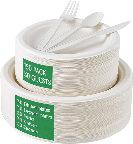 FOCUSLINE 150 Count Compostable Paper Plates and Utensils 30 Guest, Heavy-Duty Disposable Bagasse Plates Eco-Friendly Biodegradable Cutlery, Natural Eco-friendly Compostable Dinnerware in Saudi Arabia