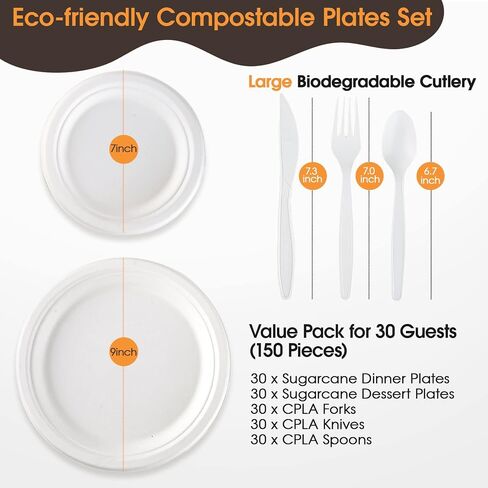 FOCUSLINE 150 Count Compostable Paper Plates and Utensils 30 Guest, Heavy-Duty Disposable Bagasse Plates Eco-Friendly Biodegradable Cutlery, Natural Eco-friendly Compostable Dinnerware in Saudi Arabia