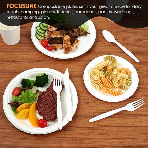 FOCUSLINE 150 Count Compostable Paper Plates and Utensils 30 Guest, Heavy-Duty Disposable Bagasse Plates Eco-Friendly Biodegradable Cutlery, Natural Eco-friendly Compostable Dinnerware in Saudi Arabia