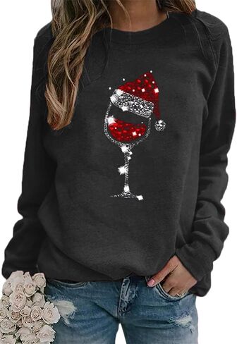 GRASWE Womens Casual Loose Sweatshirt Christmas Red Wine Glass Long Sleeve Shirts Loose Soft Pullover Shirts in Saudi Arabia