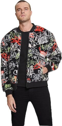 GUESS Men's Faux Fur Graffiti Bomber Jacket in Saudi Arabia