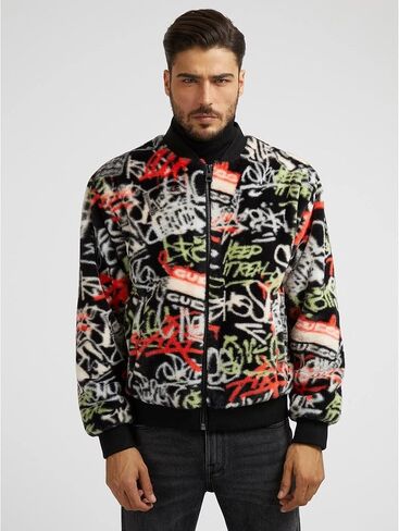 GUESS Men's Faux Fur Graffiti Bomber Jacket in Saudi Arabia