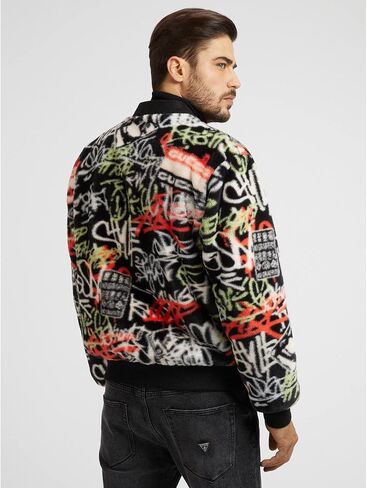 GUESS Men's Faux Fur Graffiti Bomber Jacket in Saudi Arabia
