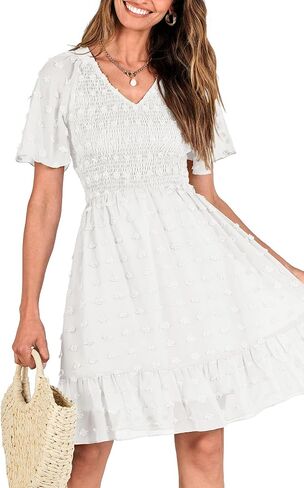 BTFBM Women's V Neck Smocked Short Sleeve Casual Dress Swiss Dot Swing Flowy Ruffle Hem Mini Beach Summer Dresses 2023 in Kuwait