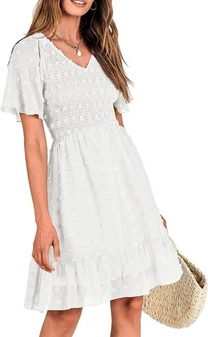 BTFBM Women's V Neck Smocked Short Sleeve Casual Dress Swiss Dot Swing Flowy Ruffle Hem Mini Beach Summer Dresses 2023 in Kuwait
