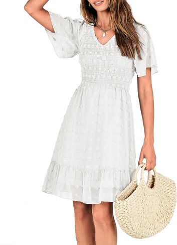 BTFBM Women's V Neck Smocked Short Sleeve Casual Dress Swiss Dot Swing Flowy Ruffle Hem Mini Beach Summer Dresses 2023 in Kuwait