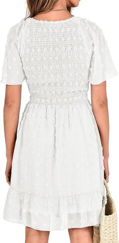 BTFBM Women's V Neck Smocked Short Sleeve Casual Dress Swiss Dot Swing Flowy Ruffle Hem Mini Beach Summer Dresses 2023 in Kuwait