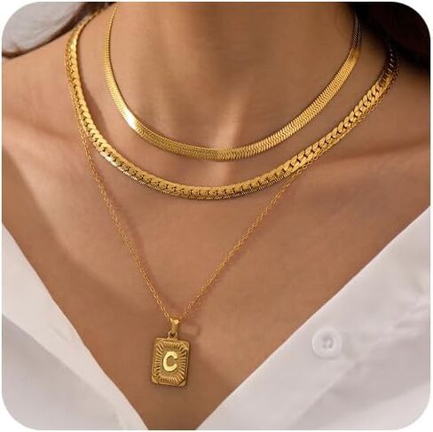 FUNEIA Layered Gold Initial Necklace for Women Trendy Dainty 18K Gold Plated Initial A-Z letter Pendant Necklace Stacked Layering Herringbone Flat Snake Chain Choker Necklaces Set Pack Jewelry Gifts in Kuwait