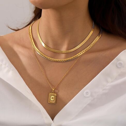 FUNEIA Layered Gold Initial Necklace for Women Trendy Dainty 18K Gold Plated Initial A-Z letter Pendant Necklace Stacked Layering Herringbone Flat Snake Chain Choker Necklaces Set Pack Jewelry Gifts in Kuwait