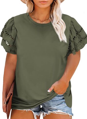 Eytino Womens Plus Size Hollow Out Ruffle Short Sleeve Crewneck Summer Casual Tee Shirts Blouse(1X-5X) in Kuwait