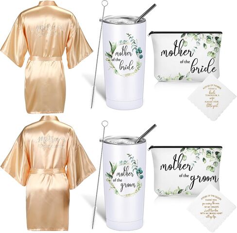 Sieral 8 Pack Mother of the Bride and Groom Gifts Satin Robe for Wedding day Gifts with 20 oz Cup Tumblers Makeup Bag Handkerchief(Champaign Gold, Trendy) in Saudi Arabia