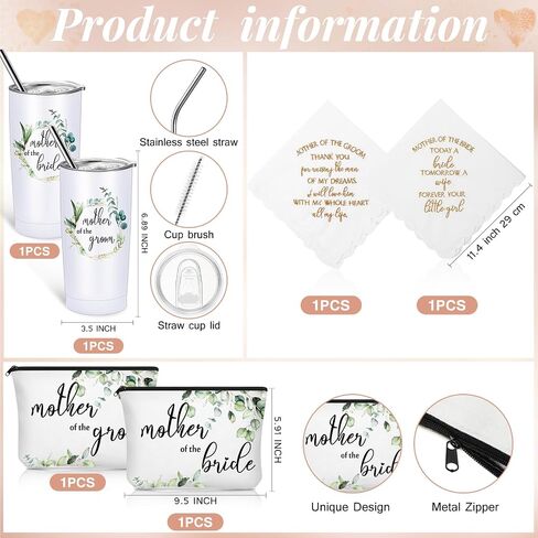 Sieral 8 Pack Mother of the Bride and Groom Gifts Satin Robe for Wedding day Gifts with 20 oz Cup Tumblers Makeup Bag Handkerchief(Champaign Gold, Trendy) in Saudi Arabia