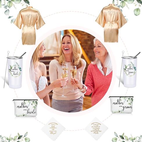 Sieral 8 Pack Mother of the Bride and Groom Gifts Satin Robe for Wedding day Gifts with 20 oz Cup Tumblers Makeup Bag Handkerchief(Champaign Gold, Trendy) in Saudi Arabia