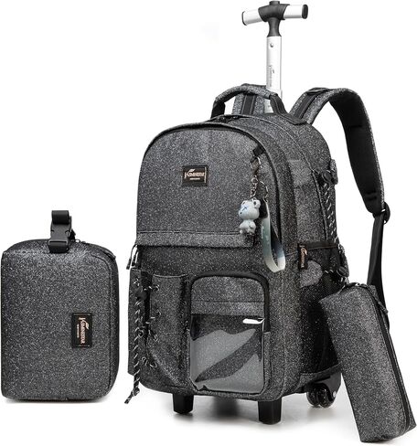 حقيبة ظهر بعجلات سوداء من Meetbelify للفتيات والأولاد حقيبة ظهر دوارة لحمل أمتعة السفر للأطفال الكبار in Kuwait