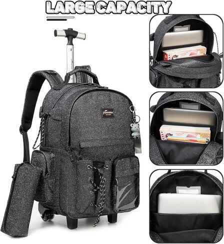حقيبة ظهر بعجلات سوداء من Meetbelify للفتيات والأولاد حقيبة ظهر دوارة لحمل أمتعة السفر للأطفال الكبار in Kuwait