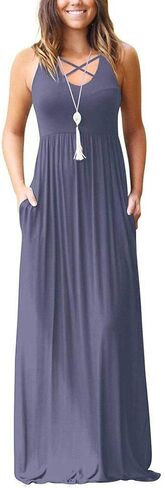 فساتين Ezbelle النسائية الطويلة بدون أكمام بظهر Racerback مع جيوب، فستان طويل فضفاض سادة in Kuwait