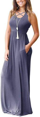 فساتين Ezbelle النسائية الطويلة بدون أكمام بظهر Racerback مع جيوب، فستان طويل فضفاض سادة in Kuwait