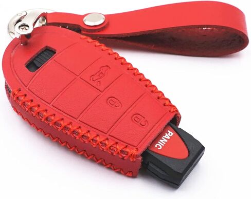 Leather Smart 4 Buttons Key Fob Case Cover Chain for Chrysler 300 Dodge Durango Challenger Journey Charger Grand Caravan (Red) in Saudi Arabia