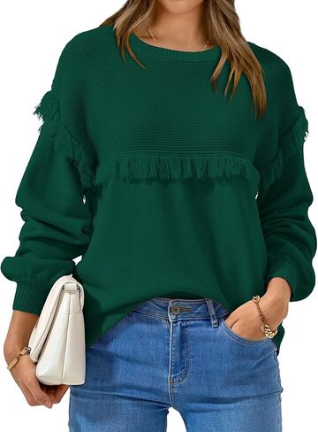 سترات خريف نسائية من Dowerme موضة 2023 بأكمام واسعة وفتحة رقبة دائرية بلوفر مكتنز فضفاض ومضلع ومتماسك بشرابة علوية in Kuwait