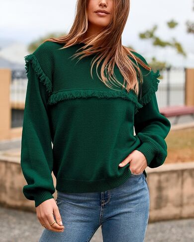 سترات خريف نسائية من Dowerme موضة 2023 بأكمام واسعة وفتحة رقبة دائرية بلوفر مكتنز فضفاض ومضلع ومتماسك بشرابة علوية in Kuwait