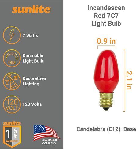 لمبة متوهجة Sunlite 7C7، 7 وات، قاعدة شمعدان E12، ضوء ليلي صغير C7، لمبة ملونة، أحمر، عدد 4 in Saudi Arabia