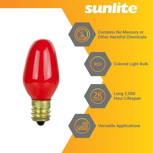 لمبة متوهجة Sunlite 7C7، 7 وات، قاعدة شمعدان E12، ضوء ليلي صغير C7، لمبة ملونة، أحمر، عدد 4 in Saudi Arabia