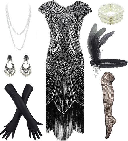FUNDAISY 1920s Flapper Dress Roaring 20s Great Gatsby Fringed Sequin Dress Accessories Set in Kuwait