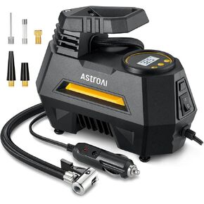 منفاخ إطارات محمول من AstroAI لإطارات السيارات - ملحقات السيارة، مضخة أوتوماتيكية 12 فولت تيار مستمر مع مقياس ضغط رقمي، ضوء LED للطوارئ للدراجات، البالونات، أصفر