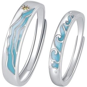 مجموعة خواتم للأزواج بحر الجبل له ولها S925 من الفضة الإسترليني والذهب الأبيض الأنيق الكلاسيكي المطابق للوعد خاتم الإصبع للنساء والرجال قابل للتعديل مجوهرات الزفاف والخطوبة في عيد الحب in Kuwait