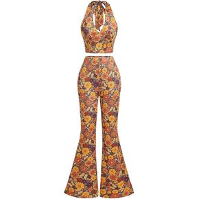 Verdusa Women's 2 Piece 70s Outfit Boho Halter V Neck Crop Top and Wide Leg Pants Set