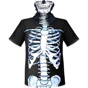 2 Pieces Skeleton Shirt Skeleton Rib Cage T-Shirt Skull Face Bandana Neck Gaiter Halloween Costume Shirt for Man