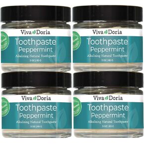 Pack of 4 Viva Doria Fluoride Free Natural Toothpaste - Peppermint (3 oz Glass jar) Refreshes Mouth, Freshens Breath, Keeps Teeth and Gum Healthy