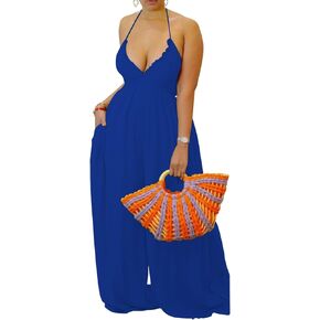 Choichic Women's Halter Neck Backless Loose Chiffon One Piece Wide Leg Jumpsuit Overalls Full Length Long Pants