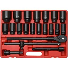 3/4" Drive Impact Socket Set, 21 Piece Deep Socket Assortment, 6-Point Deep Imperial Sizes (3/4-Inch to 2-Inch) | Cr-Mo Steel Includes Adapters and Ratchet Wrench Andextension Rod