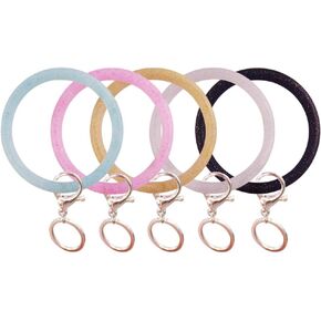 5 Pcs Silicone Wrist Keychain Bracelets, Shiny Bangle Keyring Large Circle Keychain Holder for Women Girls