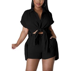 Vrtige Women's 2 Piece Casual Outfits Button Down Split Hem Short Sleeve Top and Shorts Set