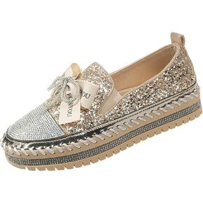 Women's Rhinestones Glitter Bow Platform Loafers,Fashion Casual Slip-On Sequin Shiny Sneaker,Comfort Low Top Increase Height Walking Shoes
