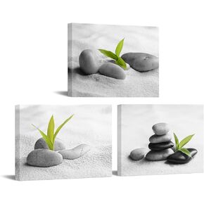 Biuteawal 3 Piece Zen Canvas Wall Art for Bathroom Decor Zen Stone with Green Plant Picture Print Peaceful Still Life Artwork Painting Modern Home Bedroom Meditation Room Spa Room Decoration