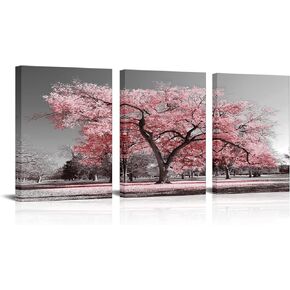 Visual Art Decor Pink Tree Canvas Wall Art Pink and Grey Room Decor Cherry Blossom Wall Art Modern Art Framed Ready to Hang Living Room Wall Decor 12x16inchx3 Piece