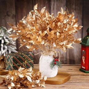 Gold Leaves Artificial Plants for Christmas Decoration, Plastic Grass Fake Shrubs Simulation Leaves Golden Flowers Home Indoor Outdoor DIY Planter Vase Filler Garden Wedding Xmas Decoration (6 Packs)