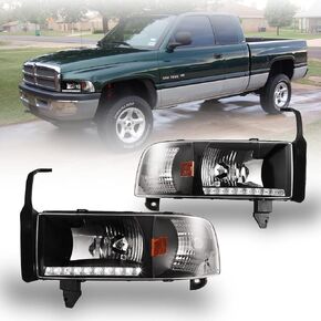 AUTOWIKI LED DRL Headlights for 94-02 DODGE Ram 1500/2500/3500/4000 (NON SPORT) Pair Front Lamps Replacement Assembly Black Clear Head Light