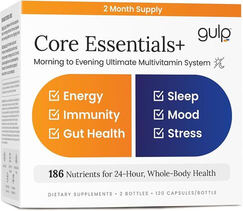 Gulp Core Essentials AM PM الفيتامينات المتعددة للرجال والنساء | دعم الطاقة والمناعة والإجهاد والنوم | أوميغا 3، البروبيوتيك، مضادات الأكسدة والمزيد | 60 حصة، تكفي لمدة شهرين in Saudi Arabia