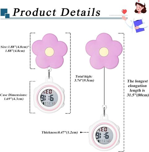 ساعات رقمية للممرضات قابلة للسحب من Avaner: ساعات طية صدر السترة بنمط زهرة لطيفة للتعليق للممرضات والأطباء مع غطاء من السيليكون in Kuwait
